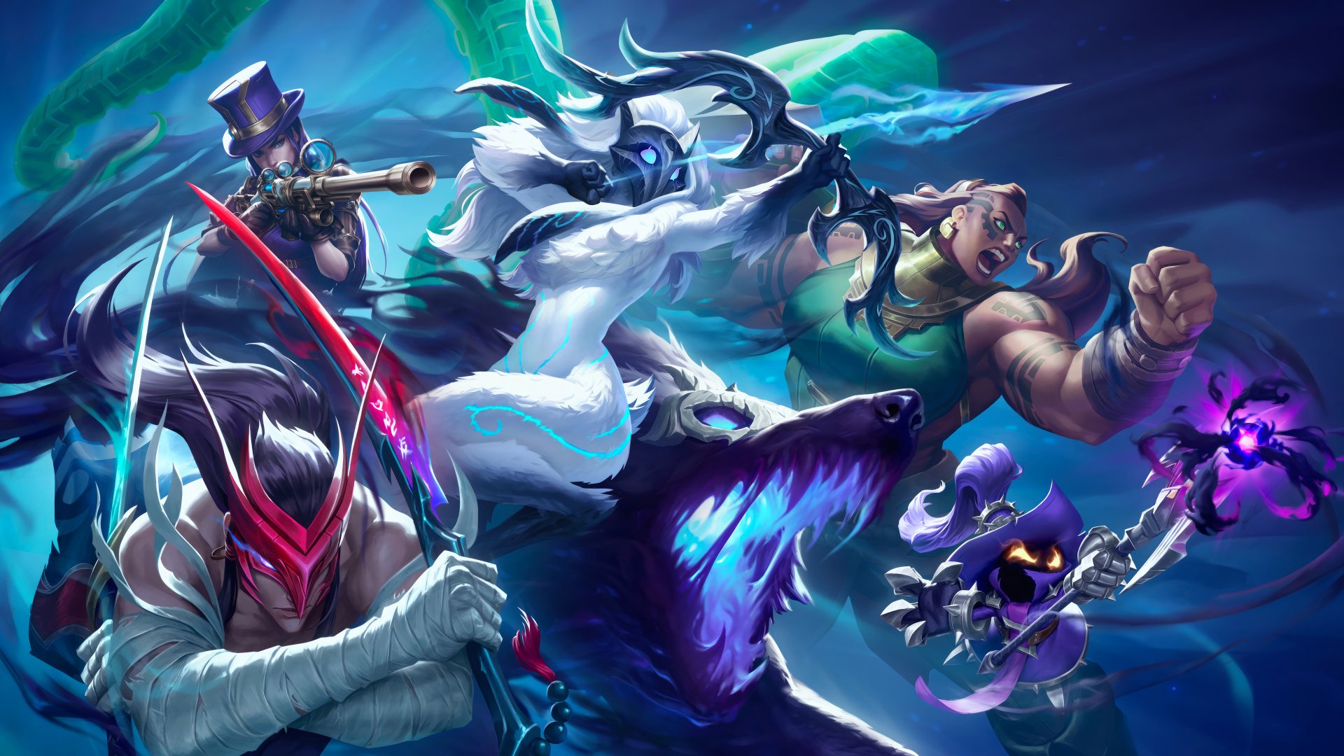 Multiples campeones de League of Legends lanzandose a la batalla.