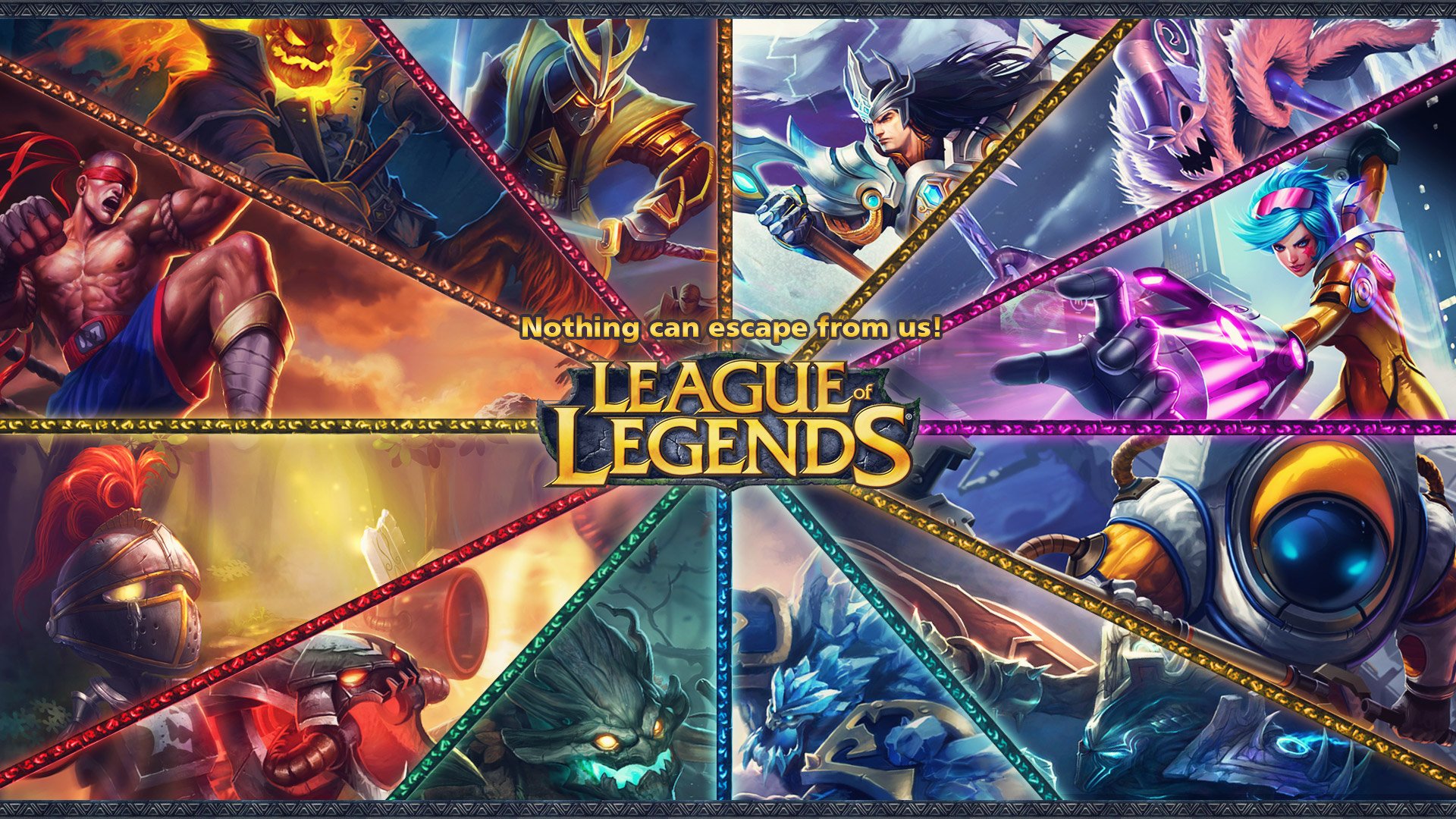 Collage colorido de múltiples campeones de League of Legends con el logo central.