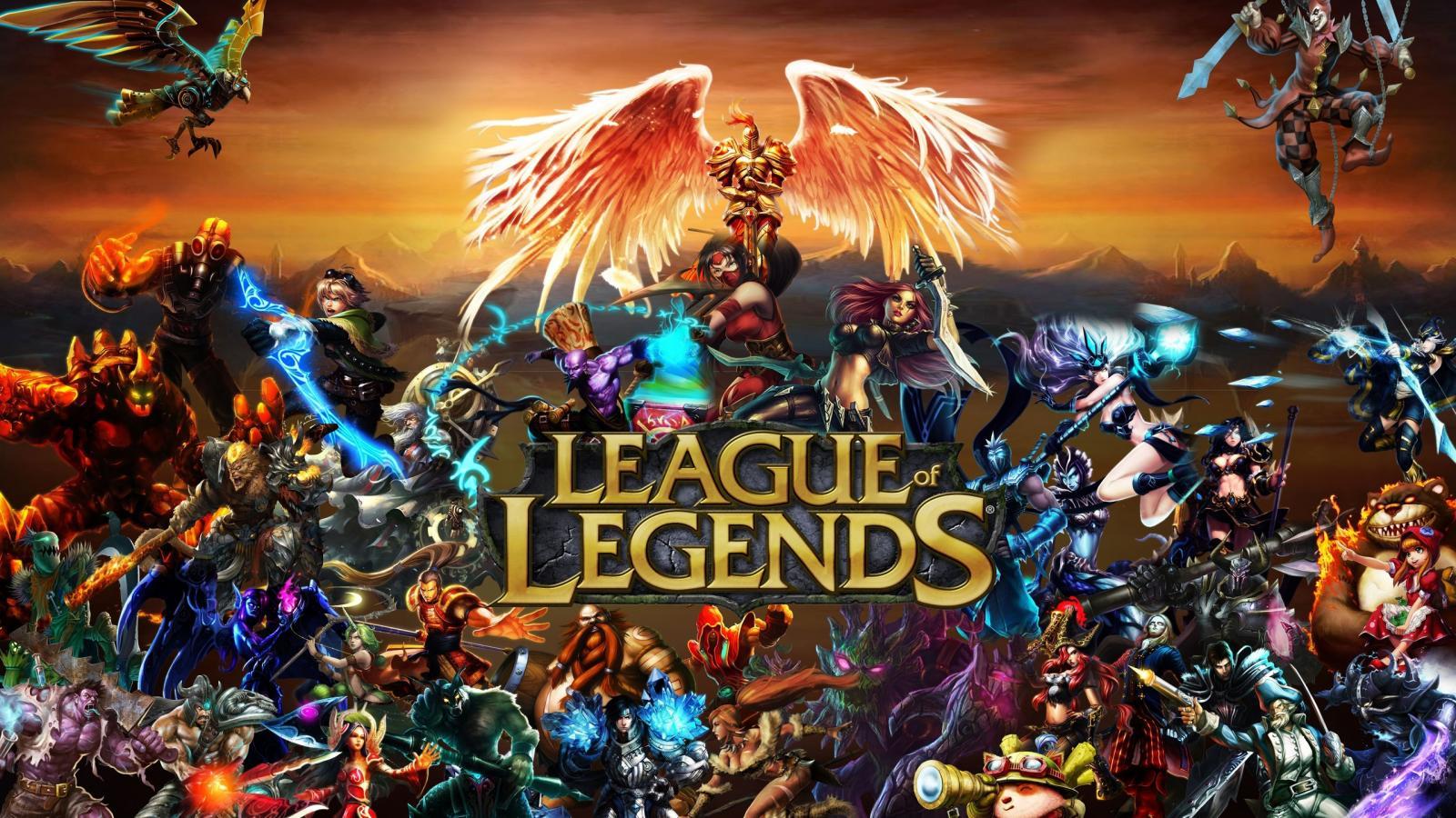 Arte oficial de League of Legends con varios campeones en formación de batalla y el logo.